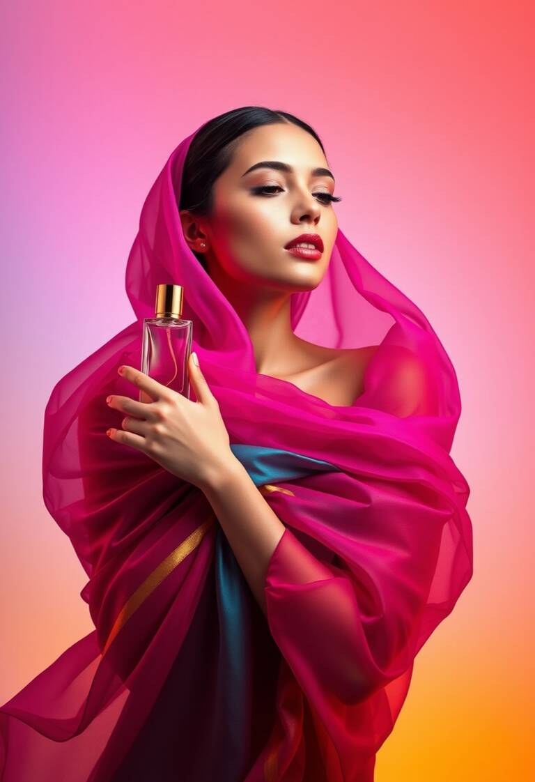 woman-holding-lightblue-perfume-bottle-draped-vibrant-pink-orange-purple-silk-scarves (1)