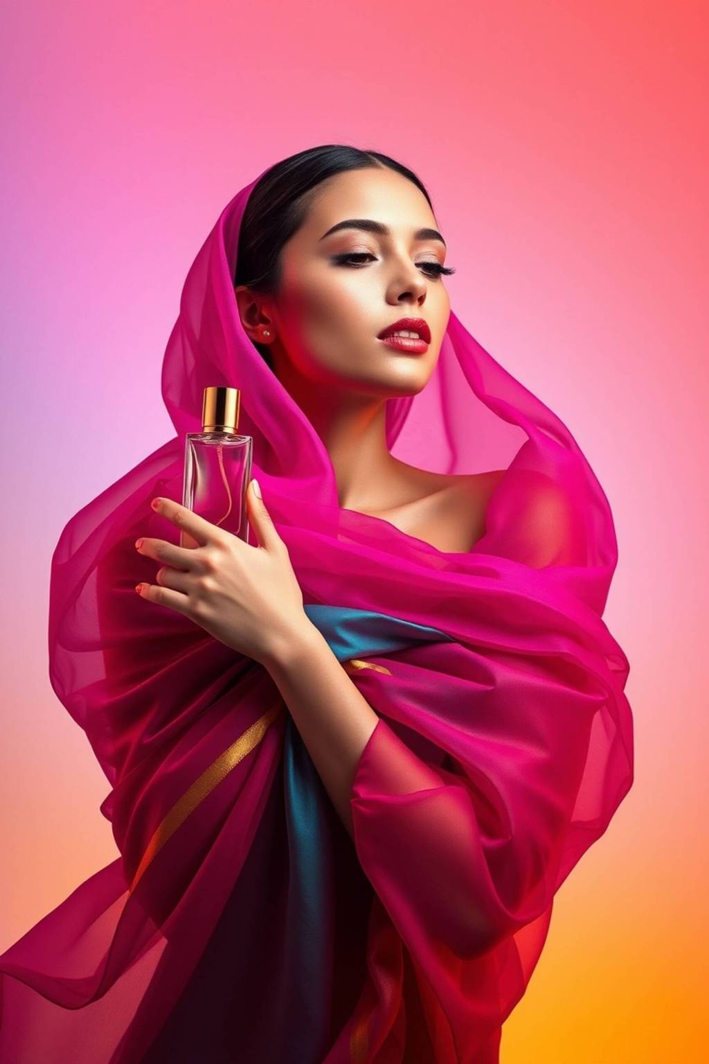 woman-holding-lightblue-perfume-bottle-draped-vibrant-pink-orange-purple-silk-scarves (1)